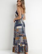 rosa Rochie Bleumarin Petrecută din Vâscoză cu Imprimeu Patchwork Hickey