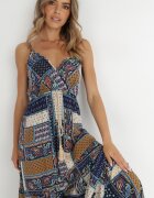 rosa Rochie Bleumarin Petrecută din Vâscoză cu Imprimeu Patchwork Hickey
