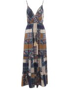 rosa Rochie Bleumarin Petrecută din Vâscoză cu Imprimeu Patchwork Hickey
