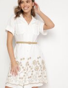 rosa Rochie Cămașă Albă din Bumbac cu Croială Cloș cu Cordon și Broderie Nalione
