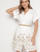 rosa Rochie Cămașă Albă din Bumbac cu Croială Cloș cu Cordon și Broderie Nalione