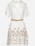 rosa Rochie Cămașă Albă din Bumbac cu Croială Cloș cu Cordon și Broderie Nalione