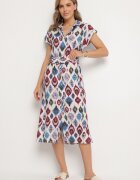 rosa Rochie Cămașă Albastră cu Viscoză cu Model Etnic cu Curea cu Cataramă Jenarovia