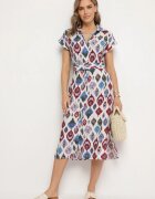 rosa Rochie Cămașă Albastră cu Viscoză cu Model Etnic cu Curea cu Cataramă Jenarovia