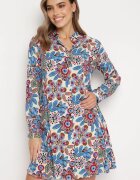 rosa Rochie Cămașă Albastră Florală cu Buzunare Eborene