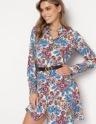 rosa Rochie Cămașă Albastră Florală cu Buzunare Eborene