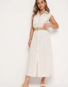 rosa Rochie Cămașă Bej din Bumbac cu elastic în talie și curea cu cataramă Xalorea