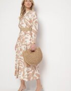 rosa Rochie Cămașă Bej din Viscoză cu Imprimeu Abstract cu Curea Koredis