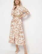 rosa Rochie Cămașă Bej din Viscoză cu Imprimeu Abstract cu Curea Koredis