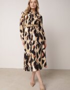 rosa Rochie Cămașă Bej Evazată cu Imprimeu Abstract și Centură Împletită Miririda