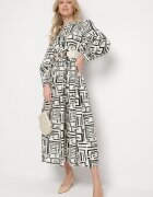 rosa Rochie Cămașă Evazată Neagră din Viscoză cu Imprimeu Geometric Alineria
