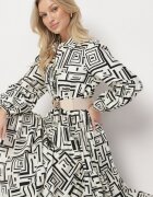 rosa Rochie Cămașă Evazată Neagră din Viscoză cu Imprimeu Geometric Alineria