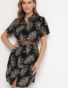 rosa Rochie cămașă Neagră din bumbac cu frunze cu curea Eveledia