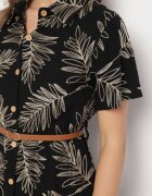 rosa Rochie cămașă Neagră din bumbac cu frunze cu curea Eveledia