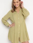 rosa Rochie Cămașă Verde în Stil Boho cu Tiv Evazat Liorda