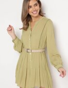 rosa Rochie Cămașă Verde în Stil Boho cu Tiv Evazat Liorda