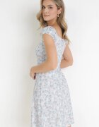 rosa Rochie Cambrată Albastră cu Șnur la Decolteu cu Flori Danner