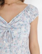 rosa Rochie Cambrată Albastră cu Șnur la Decolteu cu Flori Danner