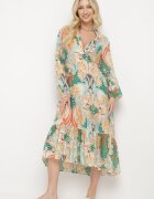 rosa Rochie Cloș Bej-Verde cu Mânecă Lungă și Volane Amollas