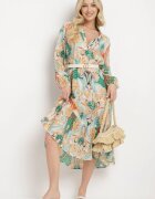 rosa Rochie Cloș Bej-Verde cu Mânecă Lungă și Volane Amollas
