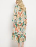 rosa Rochie Cloș Bej-Verde cu Mânecă Lungă și Volane Amollas