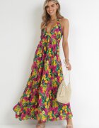 rosa Rochie Cloș Galben-Fucsia Maxi Legată la gât din Viscoză cu flori Enisa