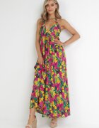 rosa Rochie Cloș Galben-Fucsia Maxi Legată la gât din Viscoză cu flori Enisa