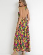rosa Rochie Cloș Galben-Fucsia Maxi Legată la gât din Viscoză cu flori Enisa