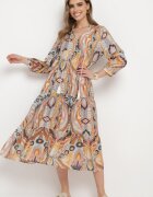 rosa Rochie Cloș Galben-Maro cu Legătură Decorativă la Gât și Mânecă 3/4 Dennia