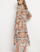 rosa Rochie Cloș Galben-Maro cu Legătură Decorativă la Gât și Mânecă 3/4 Dennia