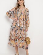 rosa Rochie Cloș Galben-Maro cu Legătură Decorativă la Gât și Mânecă 3/4 Dennia
