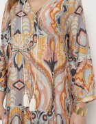 rosa Rochie Cloș Galben-Maro cu Legătură Decorativă la Gât și Mânecă 3/4 Dennia