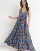 rosa Rochie Cloș Maxi Albastră Legată la gât din Viscoză Florală Enisa