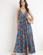 rosa Rochie Cloș Maxi Albastră Legată la gât din Viscoză Florală Enisa