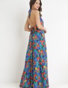 rosa Rochie Cloș Maxi Albastră Legată la gât din Viscoză Florală Enisa