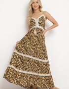 rosa Rochie Cloș Negru-Galben din Bumbac cu bretele subțiri cu elastic în talie și broderie Xuretta