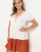rosa Rochie Cutiata Bej-Portocalie cu Broderie la Decolteu Moetta