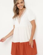 rosa Rochie Cutiata Bej-Portocalie cu Broderie la Decolteu Moetta