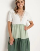rosa Rochie cutie bej-verde cu broderie la decolteu Moetta