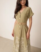 rosa Rochie de vară cu nasturi bogată în viscoză cu broderie și curea împletită Perinca Bej închis