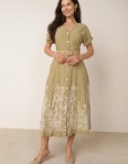 rosa Rochie de vară cu nasturi bogată în viscoză cu broderie și curea împletită Perinca Bej închis