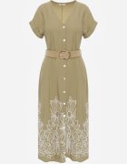 rosa Rochie de vară cu nasturi bogată în viscoză cu broderie și curea împletită Perinca Bej închis