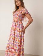 rosa Rochie de vară din vâscoză cu volănașe și motiv floral Penanie Roșie