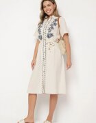 rosa Rochie din bumbac bej de tip cămașă decorată cu broderie Savidelle