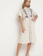 rosa Rochie din bumbac bej de tip cămașă decorată cu broderie Savidelle