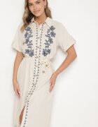 rosa Rochie din bumbac bej de tip cămașă decorată cu broderie Savidelle