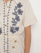rosa Rochie din bumbac bej de tip cămașă decorată cu broderie Savidelle