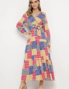 rosa Rochie din viscoză Albastru-Galben cu decolteu petrecut cu elastic în talie și cordon textil Fulina
