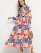 rosa Rochie din viscoză Albastru-Galben cu decolteu petrecut cu elastic în talie și cordon textil Fulina