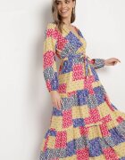 rosa Rochie din viscoză Albastru-Galben cu decolteu petrecut cu elastic în talie și cordon textil Fulina